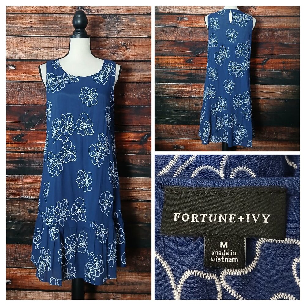 Fortune +Ivy Shift Dress M Blue White Floral Embroidered with Slip Liner